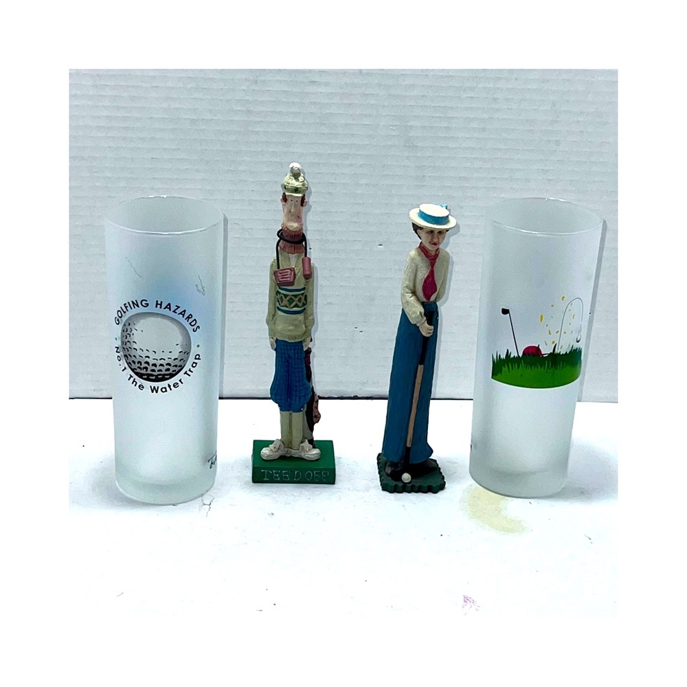 Golf Memorabilia Lot 2- Dartington Golf Glasses + 2- Whatnot Novelty Figurines